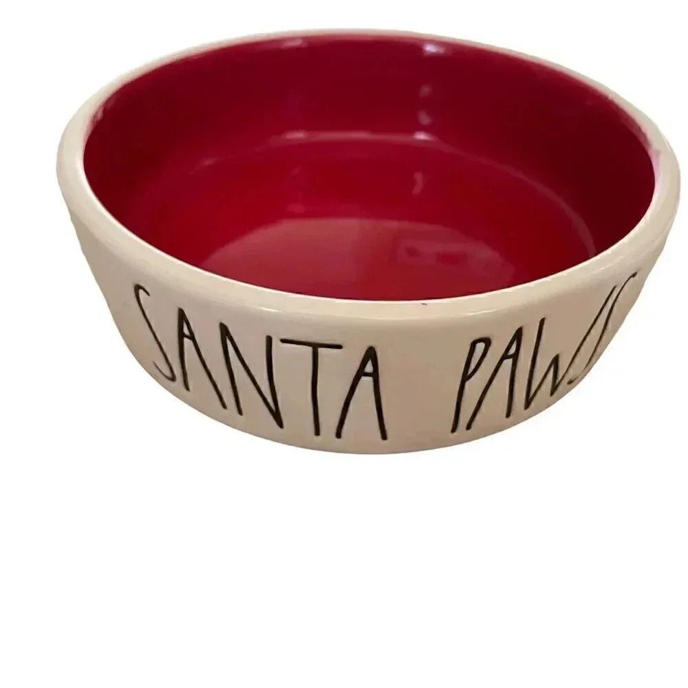 Rae Dunn SANTA PAWS PET Bowl Cat Dog White Small Red CHRISTMAS Ceramic